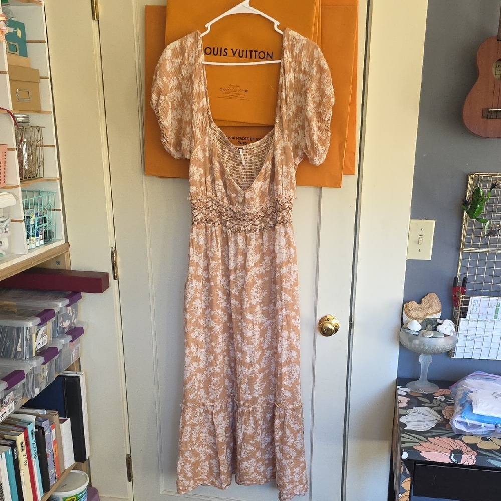 Free People Floral Midi Dress in Tan and White
